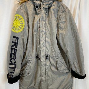 Freecity Free City Gray Fur Trim Hooded Parka Jacket Coat XL RARE